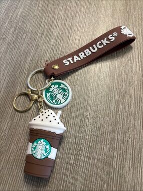 Starbucks Brown Silicone Wrist Keychain with Cup & Logo Charms